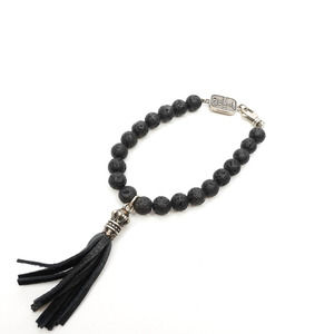 King Baby Lava Rock Leather Tassel With Crown Bracelet Fine Silver .925